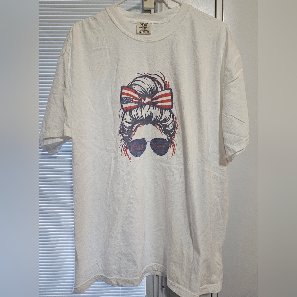 Patriotic Messy Bun Graphic Tee Fireworks And Freedom Red White And Blue Design